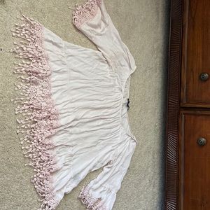 Baby pink blouse, tassel like pieces on ends of sleeves and hem of shirt, XL